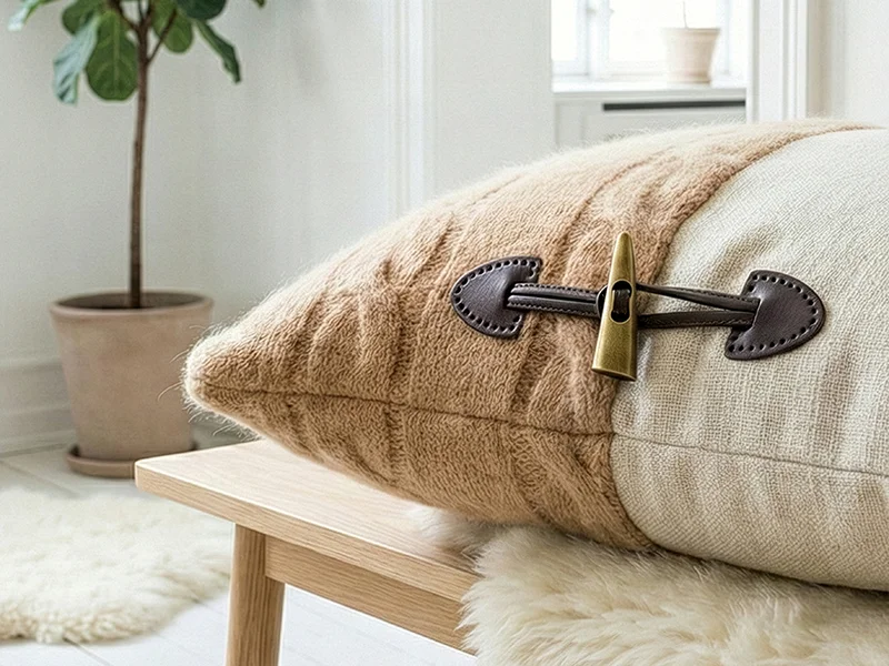 Cuscino decorativo con alamaro e agganciatura in pelle