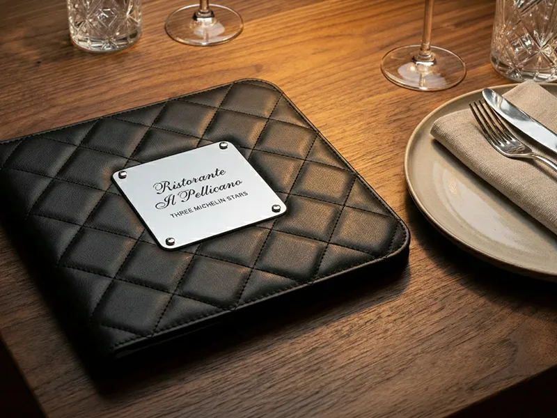 Placa metálica aplicada a la cubierta de una carta de restaurante